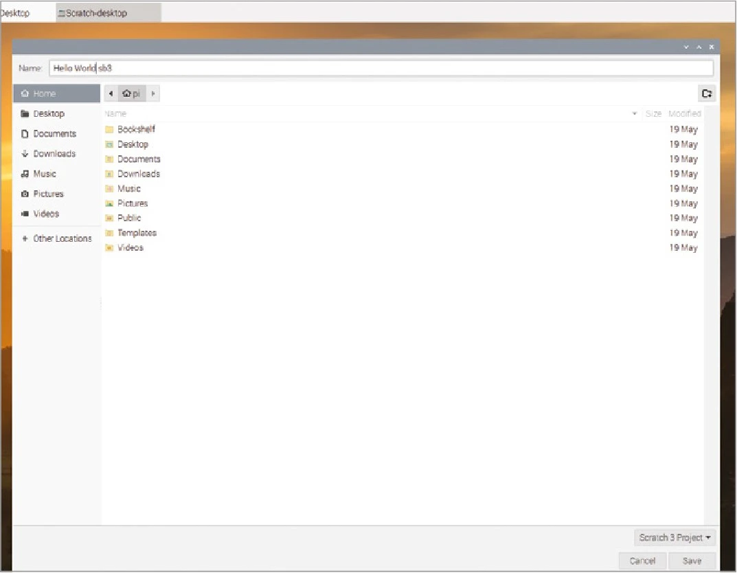 راهنمای جامع برنامهنویسی با اسکرچ (Scratch) در رزبریپای 13
برنامه خود را اسمگذاری و سپس ذخیره کنید.
