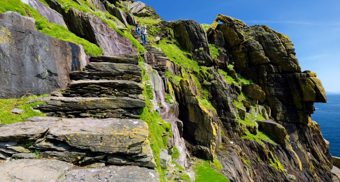 Skellig Michael or Great Skellig, home to the ruined remains of a Christian monastery. Inhabited by variety of seabirds. UNESCO World Heritage Site, Ireland. Skellig Michael or Great Skellig, home to the ruined remains of a Christian monastery. Inhabited by variety of seabirds, including gannets and puffins. UNESCO World Heritage Site, Ireland.