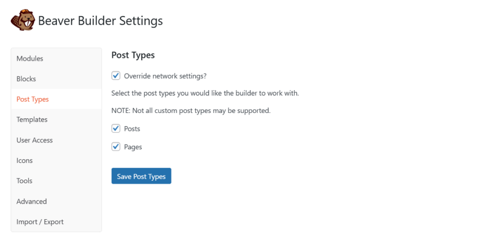 beaver builder enable builder for post types
