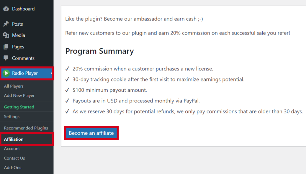 join radio player affiliate program from wordpress admin dashboard