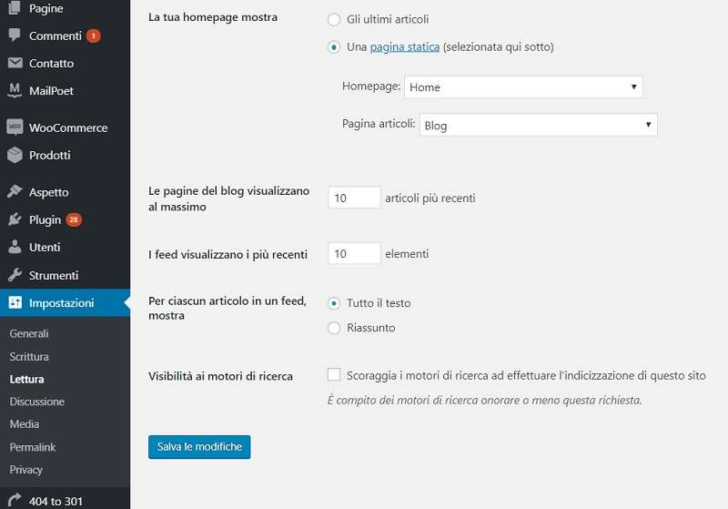 Impostazioni home blog
