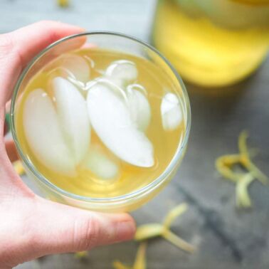 A hand holding a glass of honeysuckle sweet tea.