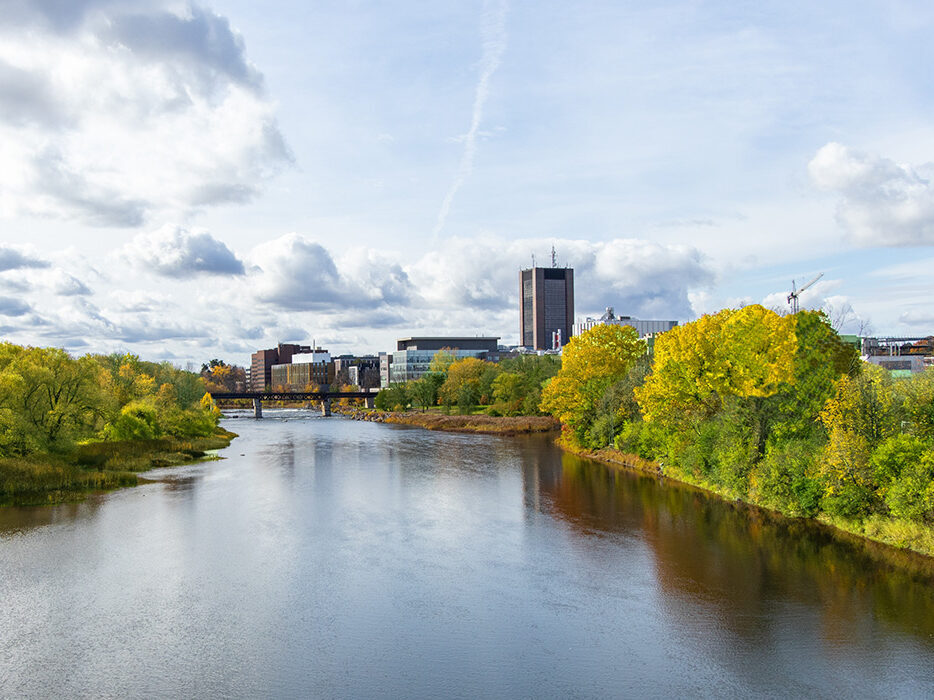 A view of the campus from down the river.