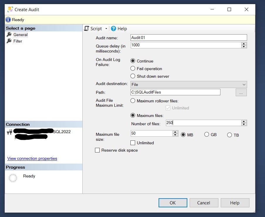 Create Audit via SSMS