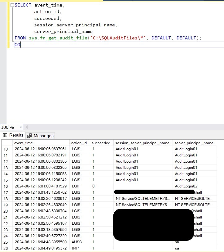 Using T-SQL to examine the audit file