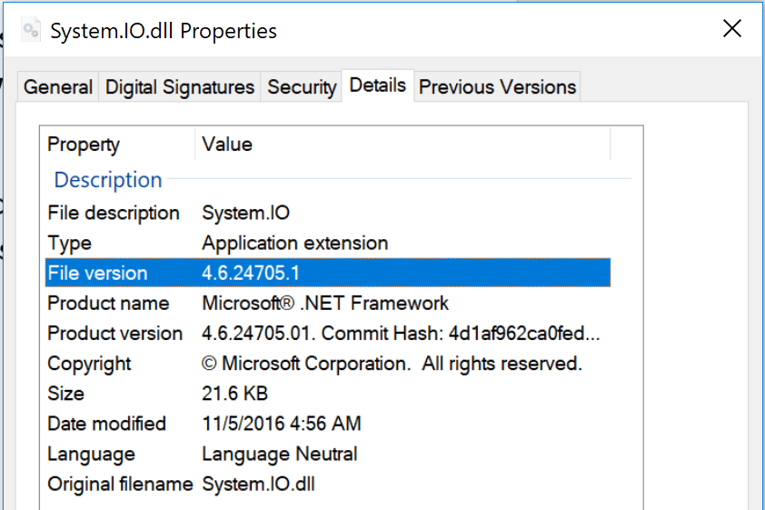 Windows File Details Showing .NET Core DLL Hell Issue