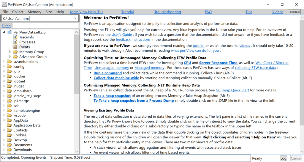 ETW log session The PerView application showing a file browser on the left and help text on the right. In the browser an existing ETL session dump is selected.