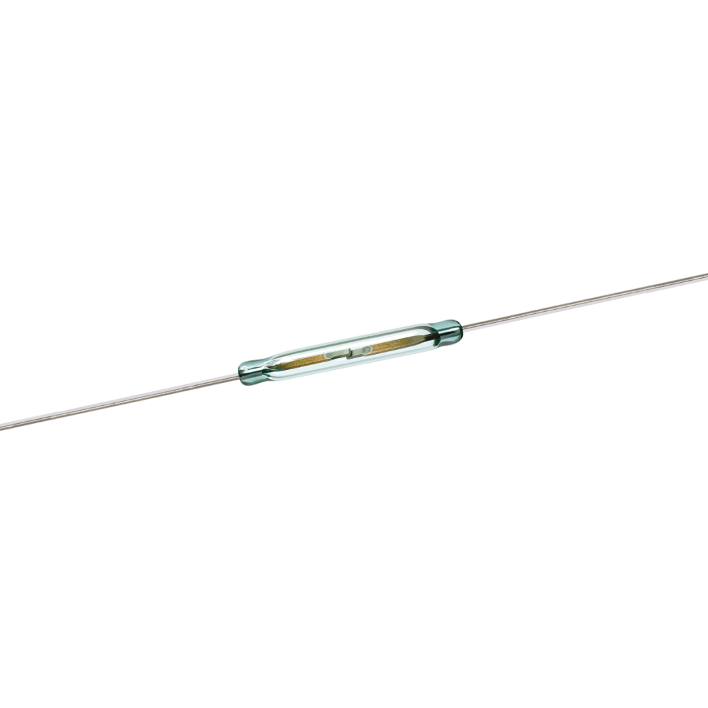 A close-up of a glass High Power Reed Switch with two long metal leads extending from each end. The switch consists of two thin metal reeds sealed inside a small, clear glass tube. by Standex Detect