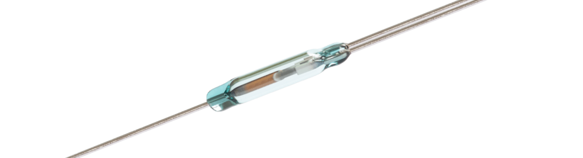 A close-up of a Standex Detect glass reed switch with metal leads extending from both ends, isolated on a white background. The internal metal contacts are visible inside the cylindrical glass casing. by Standex Detect