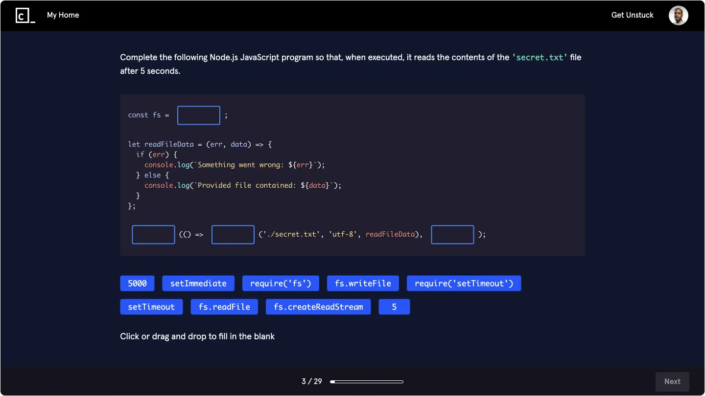 A fill-in-the-blank JavaScript question in a Codecademy assessment