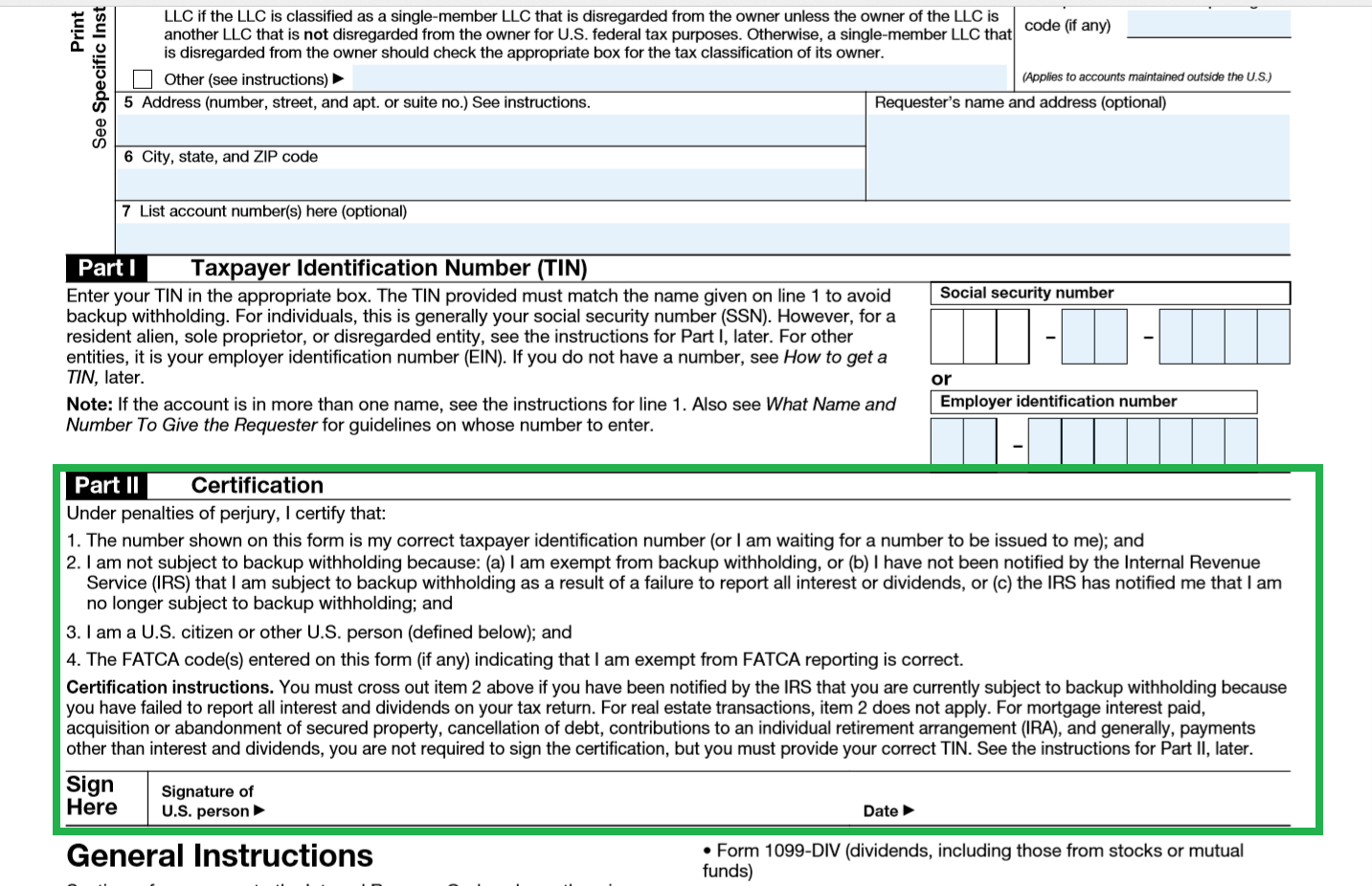Part 10 of w9 Form, certification