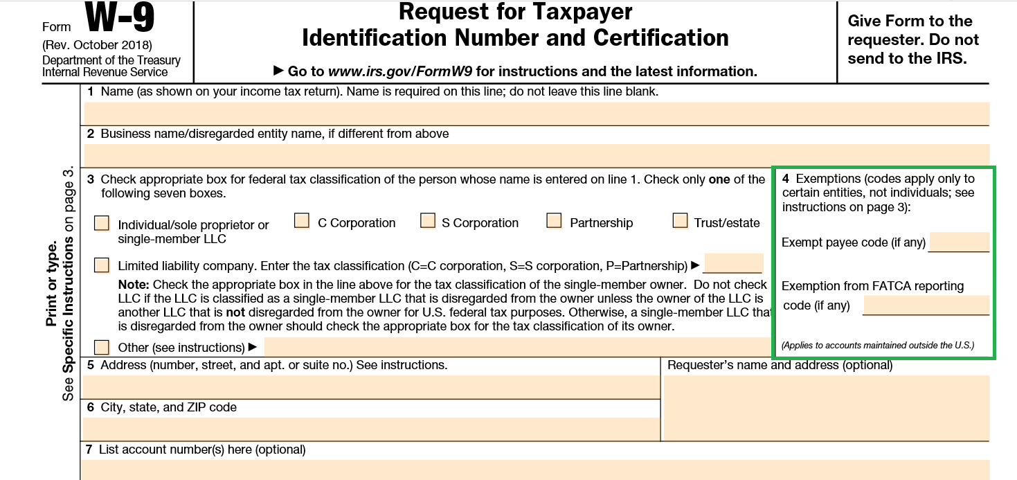 Part 4 of w9 Form, exemption codes