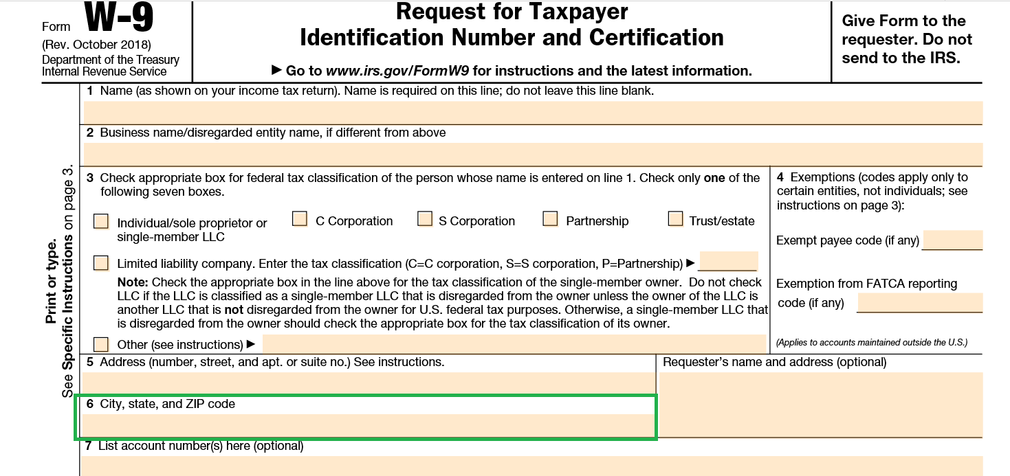 Part 6 of w9 Form, city, state and zip code