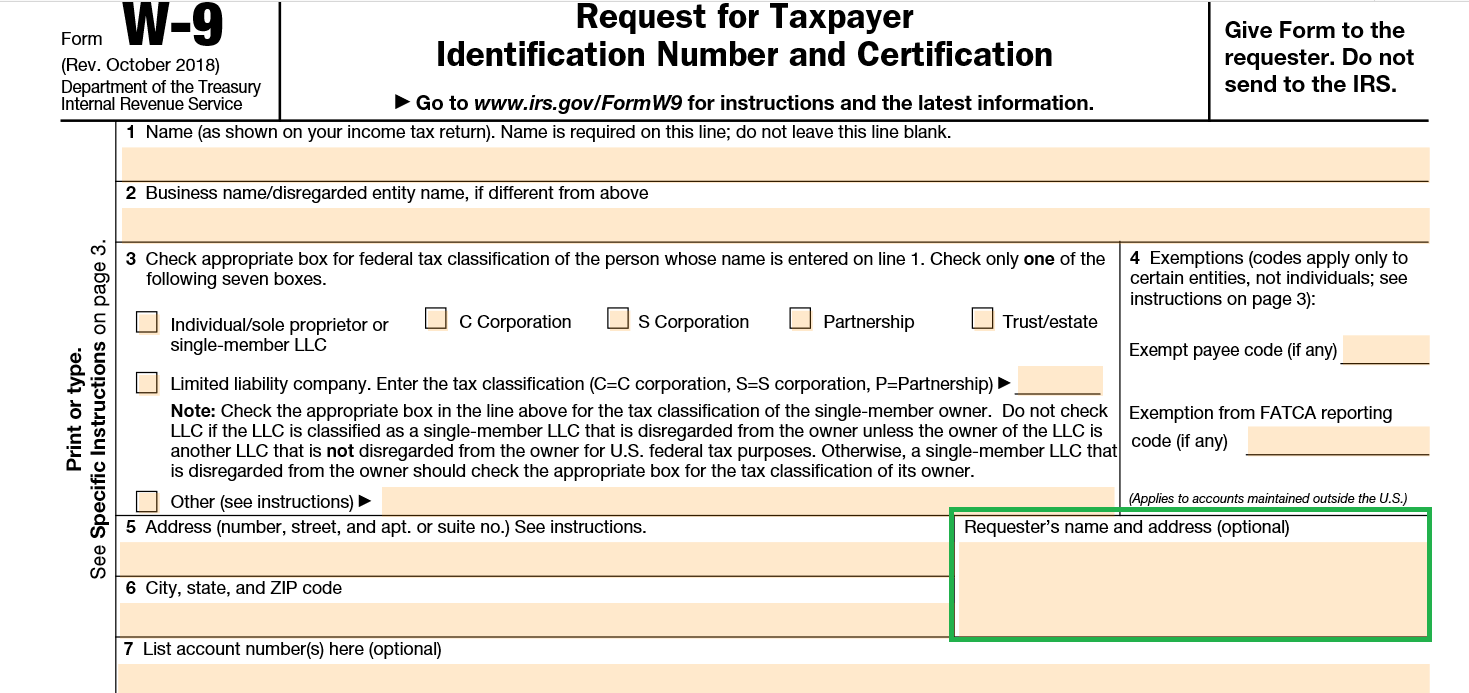 Part 8 of w9 Form, requestor's name and address
