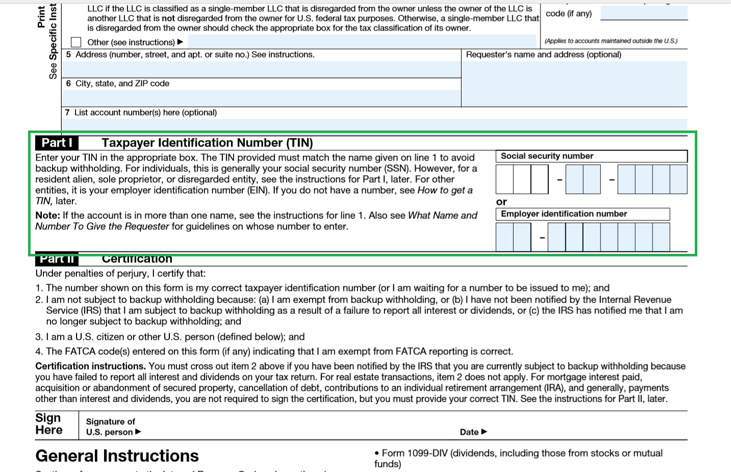 Part 9 of w9 Form, Taxpayer Identification Number