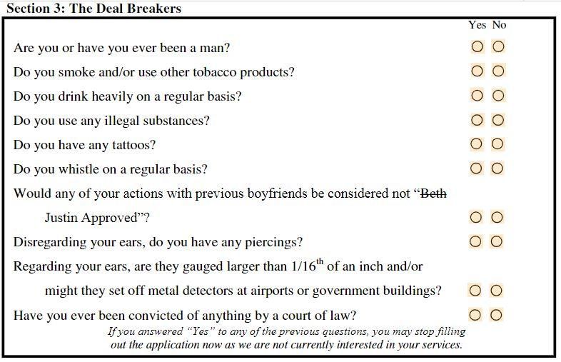 Girlfriend application form box ticking