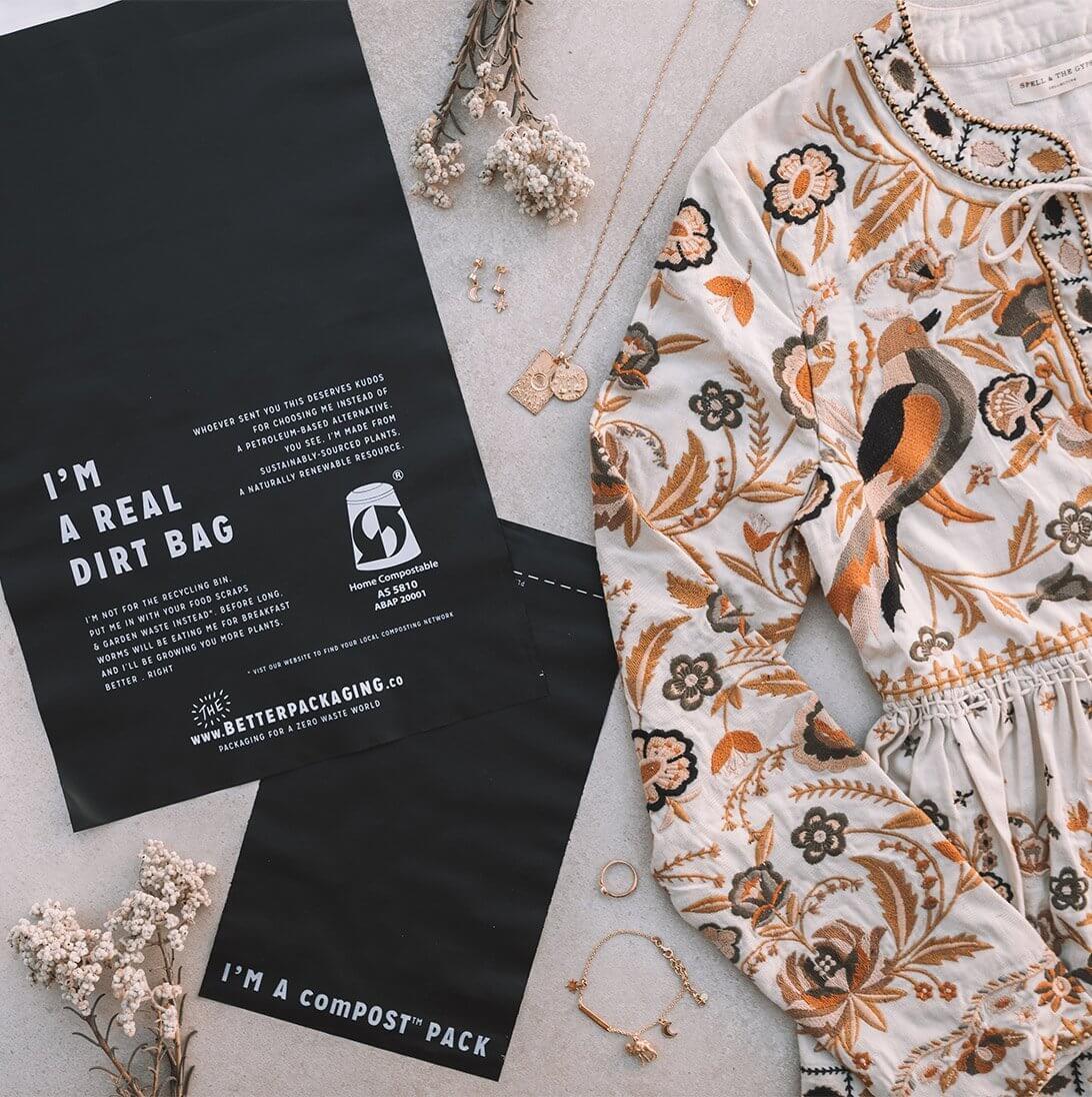 blag bio poly mailer next to patterned dress