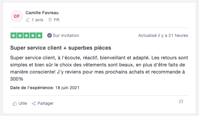 Avis en ligne positif d'un ambassadeur de marque