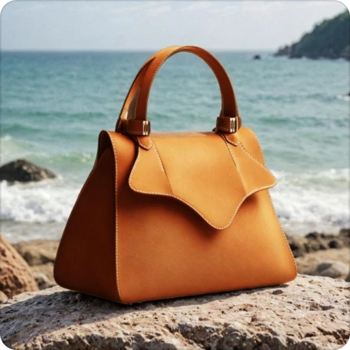 caramel leather women's handbag displays on beach