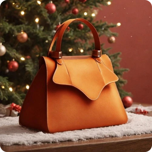 caramel leather women's handbag displays on the counter