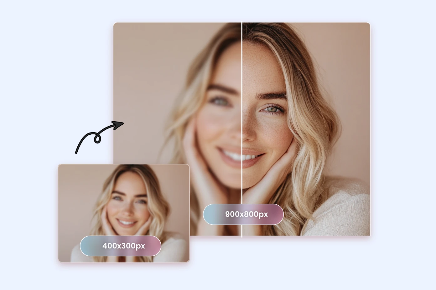 unblur and enlarge the image of the long-haired woman with her chin resting on her hands.