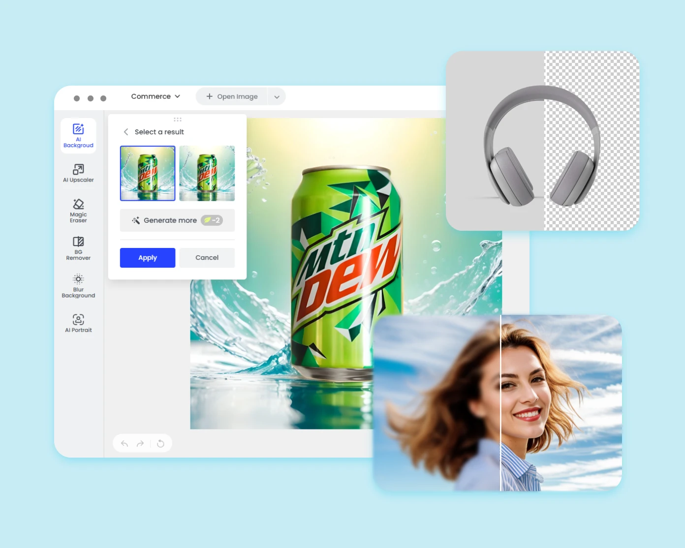 the interface of background removal, enhance image of earphone, portrait and drink.