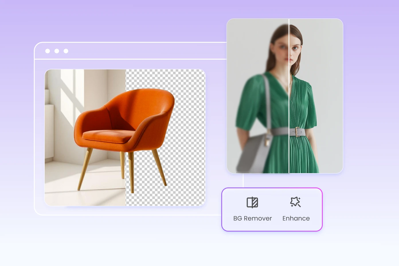 remove orange chair's background and unblur the model picture with editing tools.