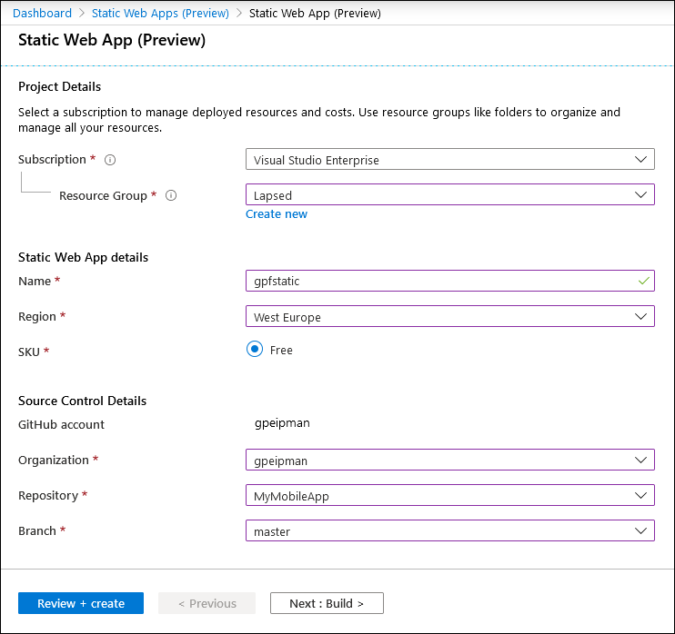 Creating Static Web App service Creating Static Web App service