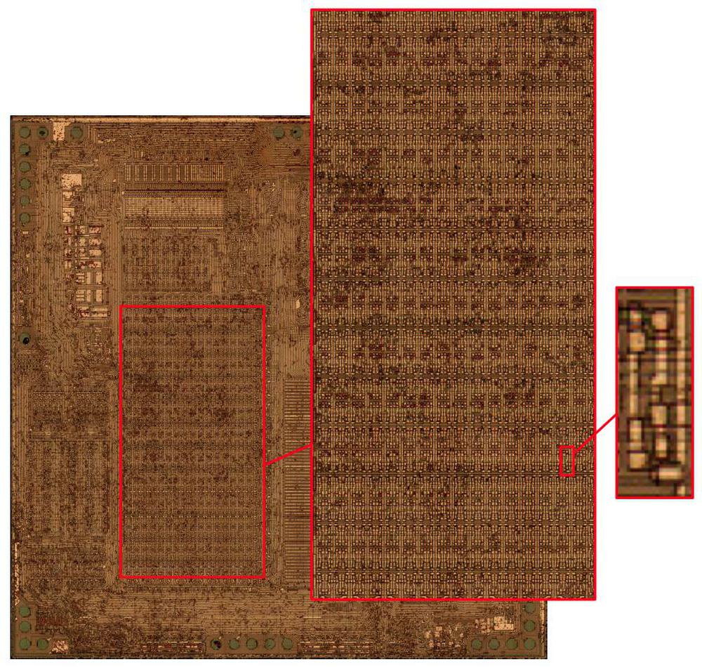 Die of the TMS-0320, zooming in on the 32×24 RAM array and a single storage cell. Original die photo from Sean Riddle. Die of the TMS-0320, zooming in on the 32×24 RAM array and a single storage cell. Original die photo from Sean Riddle.