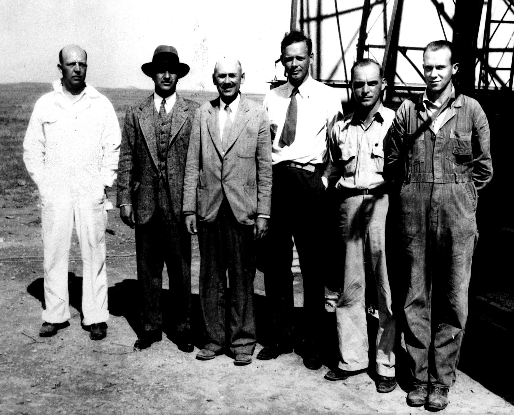 Goddard, Robert Hutchinhs, Ph.D. This photograph, taken at the launch site in New Mexico, shows Dr. Goddard with his supporters and assistants. Left to Right: Albert Kisk, machinist; Harry F. Guggenheim, philanthropist; Dr. Goddard; Charles A. Lindbergh, aviator; Nils T. Ljungquist, machinist; and Charles Mansur, a welder. (United States Air Force 080509-F-1224P-007)