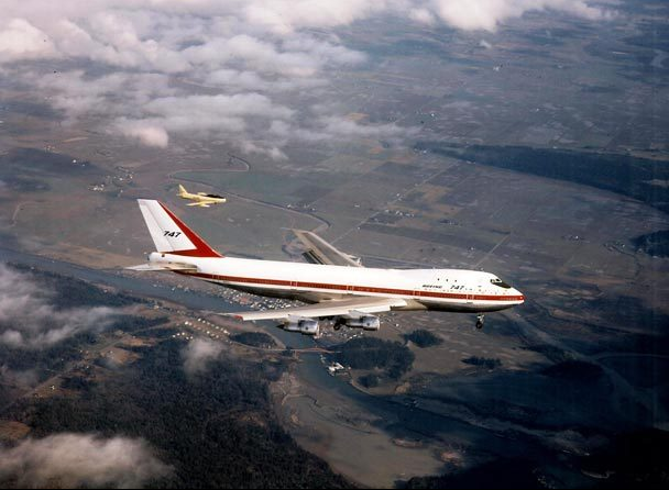 Boeing 747-121 RA001, City of Everett, 9 February 1969. A Canadair CL-13B Sabre Mk.6, N8686F, is the chase plane, flown by test pilot Paul Bennett. (Boeing/The Seattle Times) Boeing 747-121 RA001, City of Everett, 9 February 1969. A Canadair CL-13B Sabre Mk.6, N8686F, is the chase plane, flown by test pilot Paul Bennett. (Boeing)