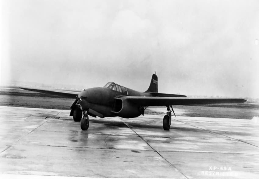 Bell YP-59A-BE Airacomet 42-108775 at Wright Field, left front quarter. (United States Air Force)