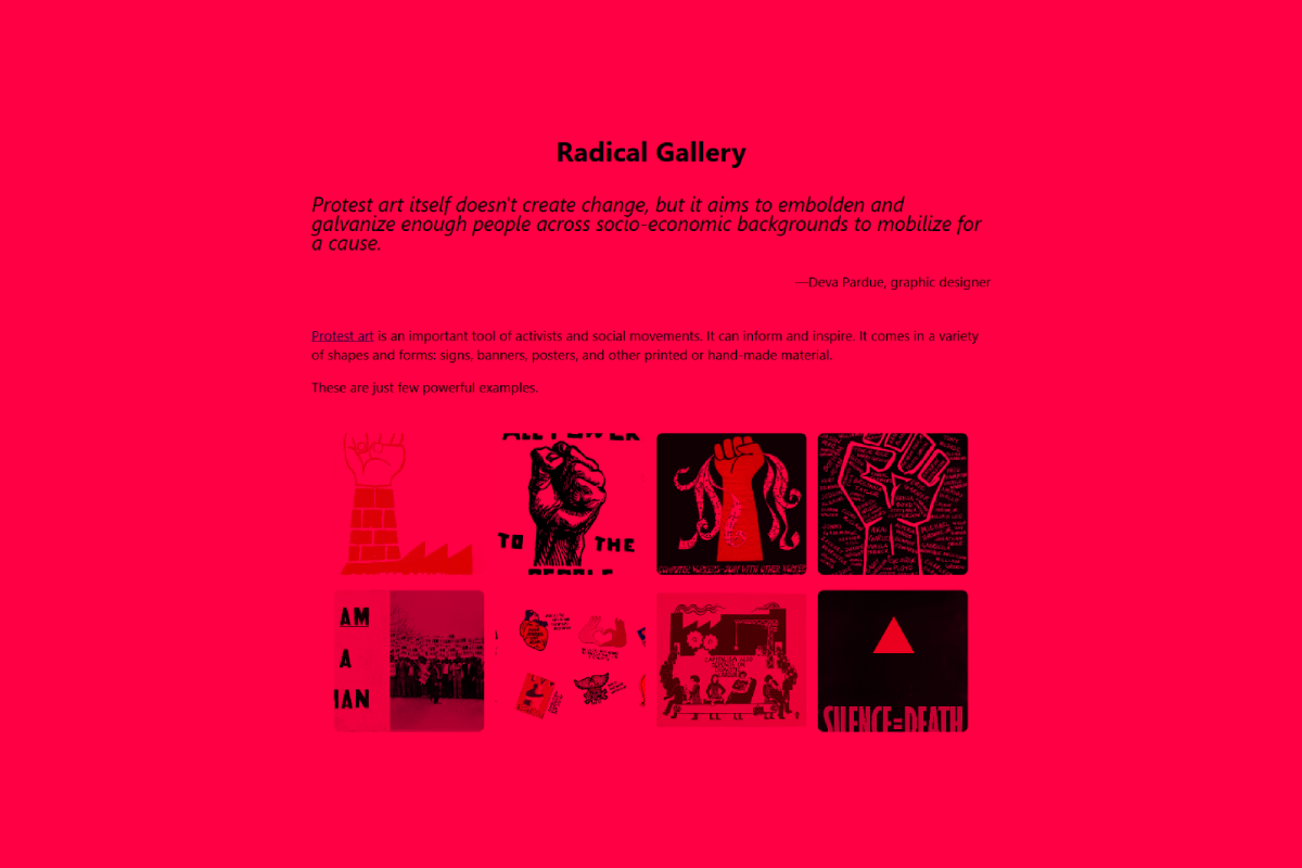 A tinted screenshot of the finished project, a gallery of 8 images in a four-by-2 grid with a brief intro text above it.