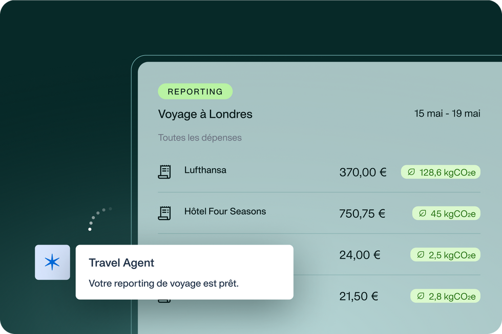 Visualisation de l'agent d'approvisionnement Payhawk traitant un rapport de voyage
