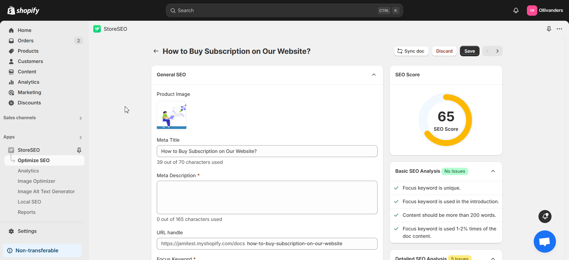Comment optimiser BetterDocs pour les documents Shopify avec StoreSEO ? 14 Focus keyword found in meta description