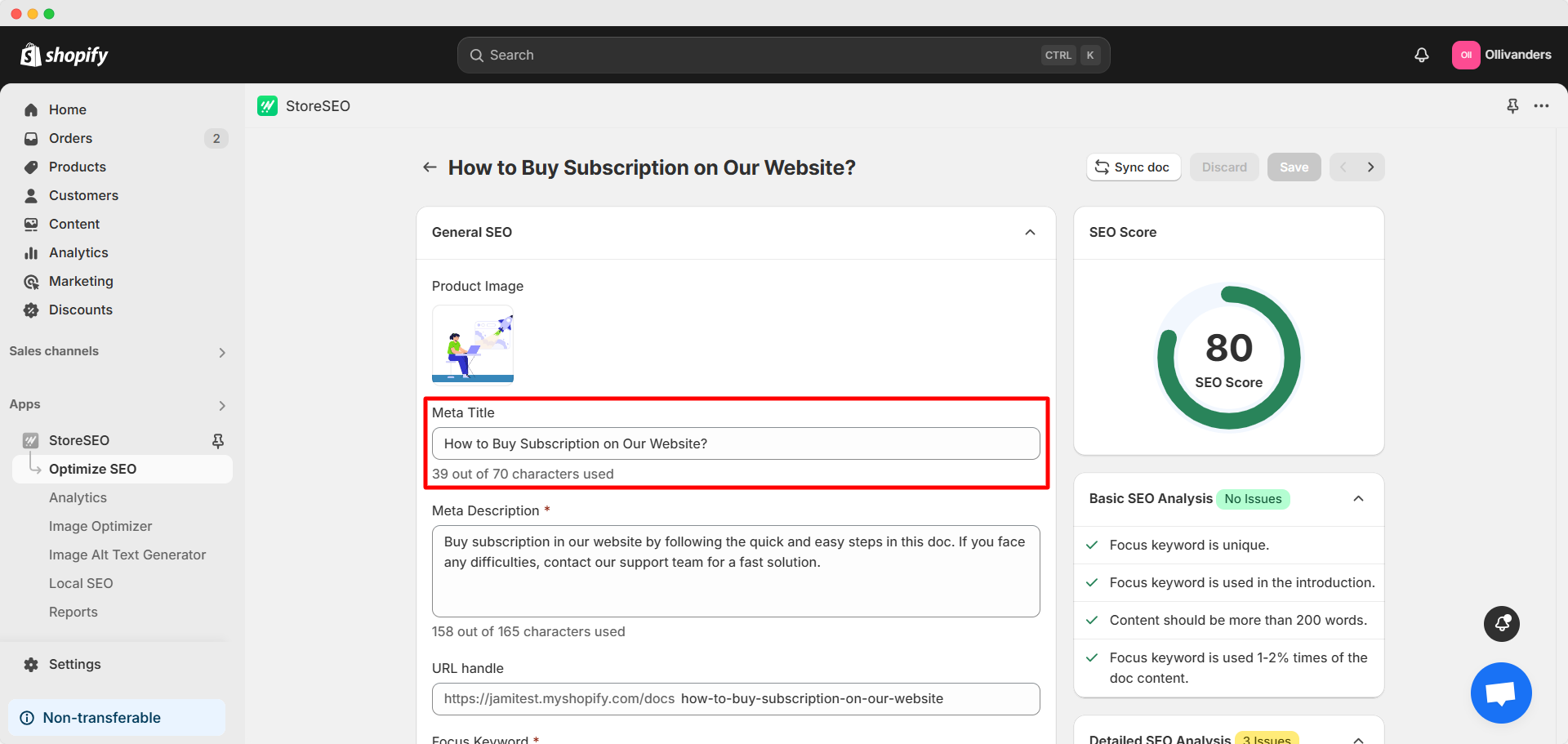 Comment optimiser BetterDocs pour les documents Shopify avec StoreSEO ? 17 Focus keyword is used in the meta title