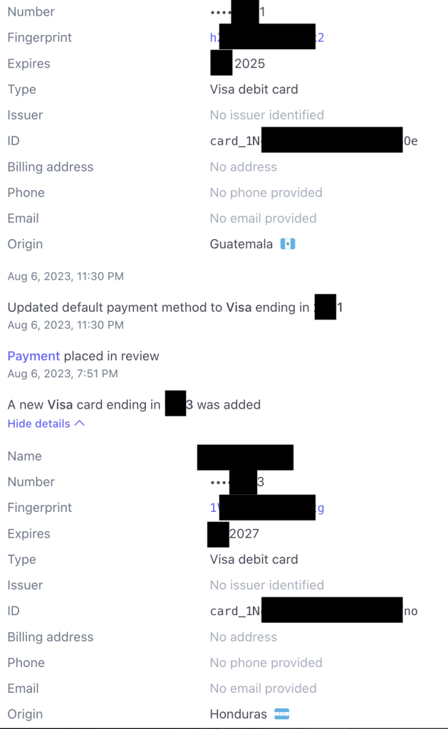 Credit card change history in stripe showing 2 different countries