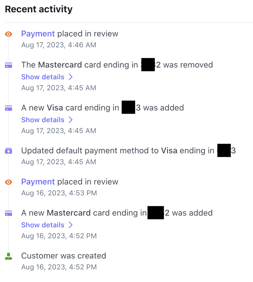 Recent stripe customer activity showing credit card changes