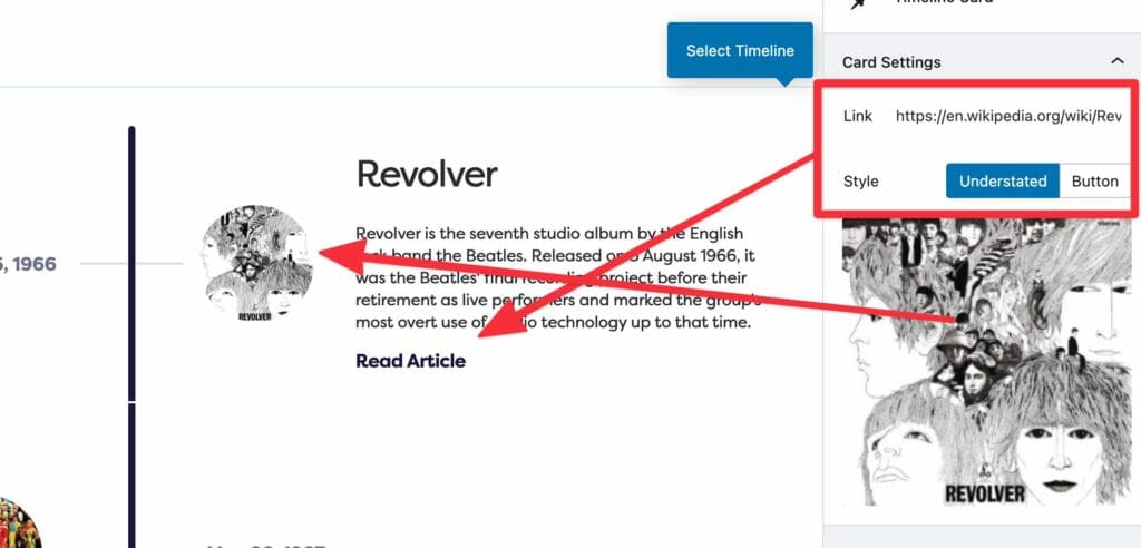 Timeline card fields in the block editor.