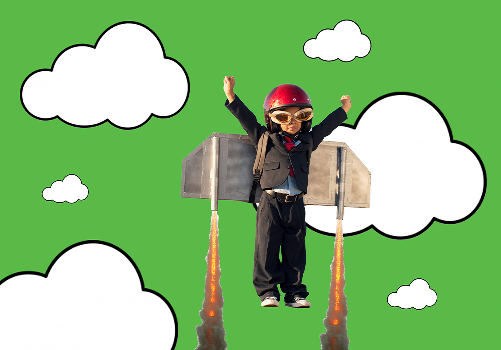 Young boy in rocket suit