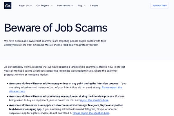 Awesome Motive - Fake Job Scam Page - Syed Balkhi Awesome Motive - Fake Job Scam Page