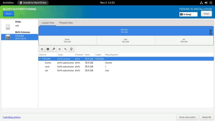 Install Fedora 35 with LUKS Full Disk Encryption Blivet GUI BTRFS
