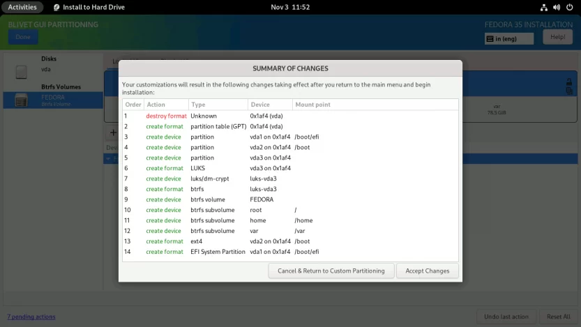 Install Fedora 35 with LUKS Full Disk Encryption Summary of Changes