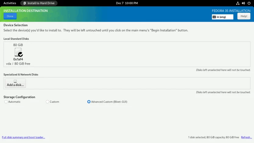 install Fedora 35 With Snapper Select Blivet