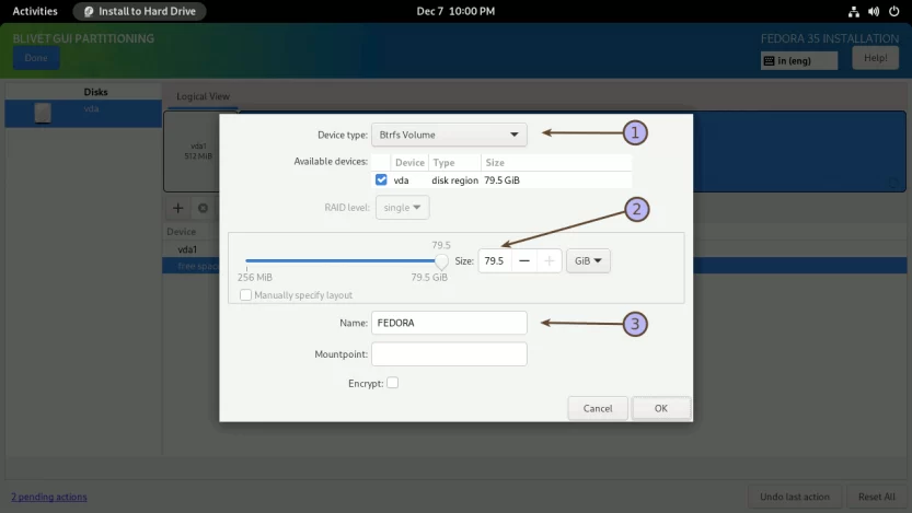 install Fedora 35 With Snapper Blivet Btrfs Volume