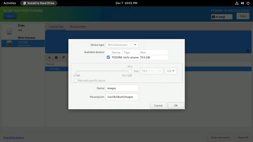 install Fedora 35 With Snapper Blivet Create Images Subvolume