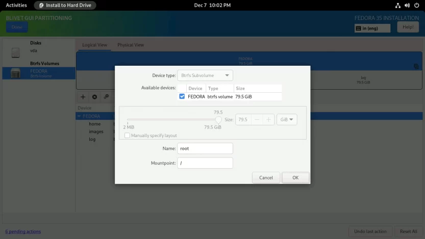 install Fedora 35 With Snapper Blivet Create Root Subvolume