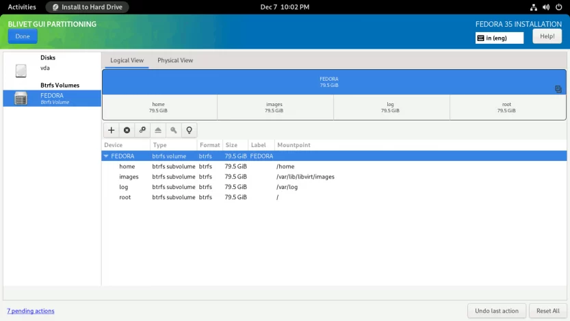 install Fedora 35 With Snapper Blivet Subvolumes Overview