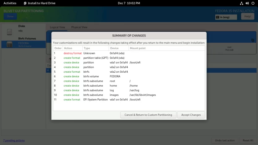 install Fedora 35 With Snapper Confirm Partition Creation