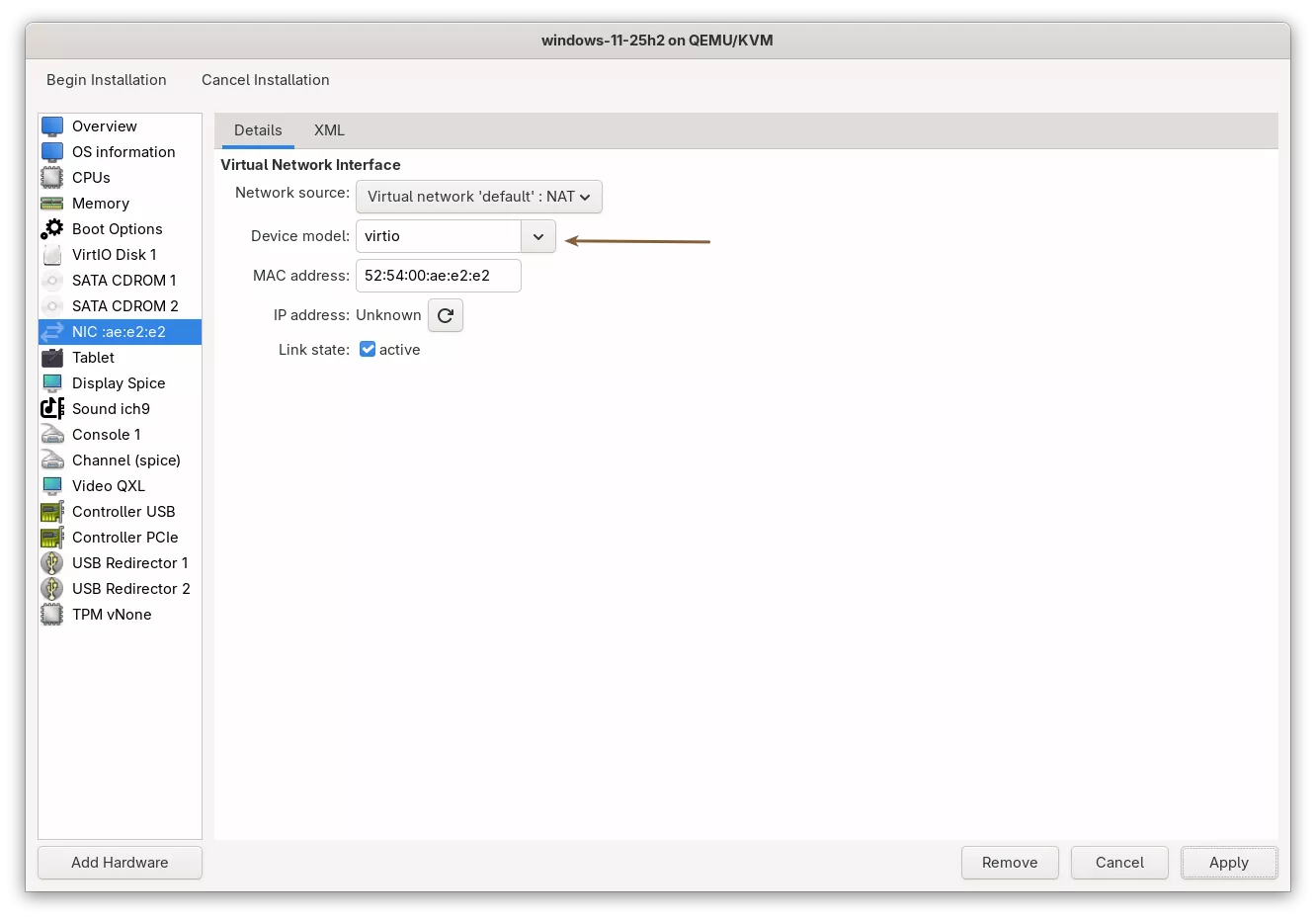 Install Windows 11 on KVM - NIC